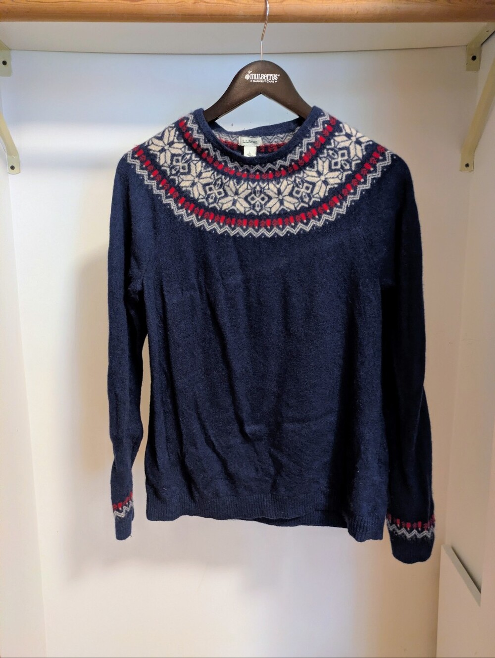 L.L. Bean Cashmere Nordic Fair Isle Crewneck Sweater Navy Blue